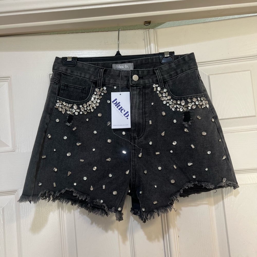 Blue B black Embellished distressed Jean Shorts festival street women large